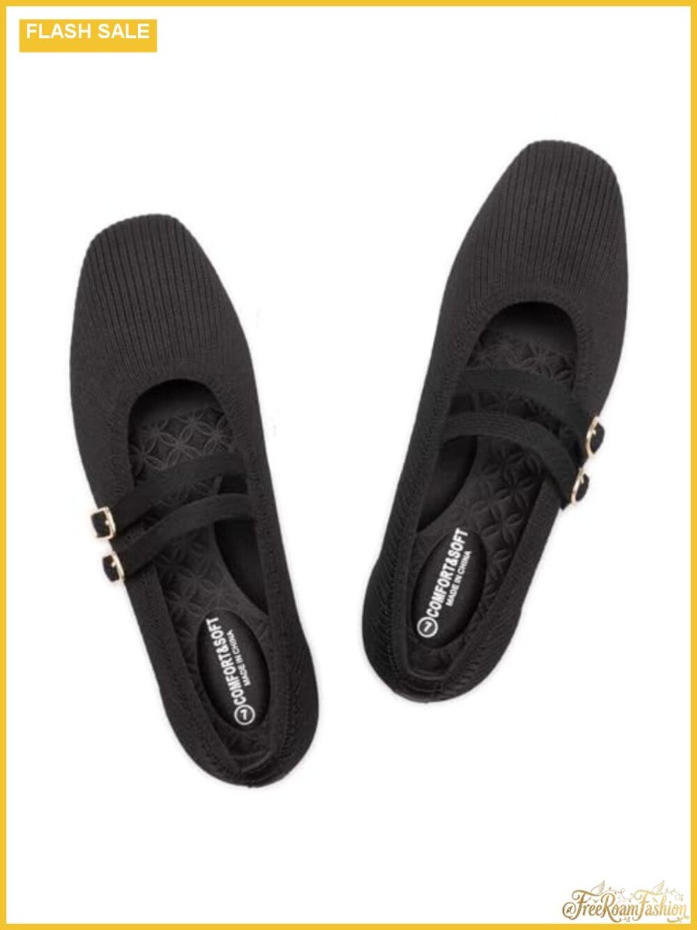 Square Toe Mary Jane Flats Knit Adjustable Strap Comfort Slip On